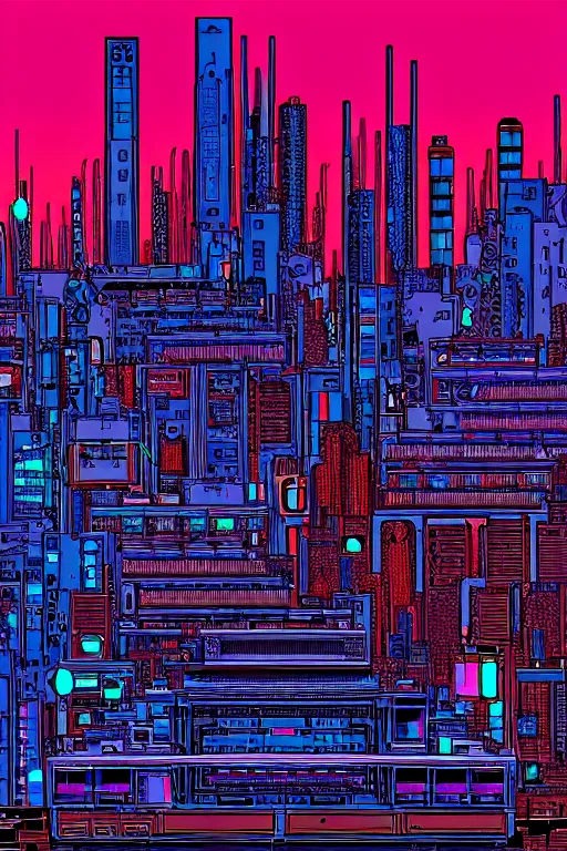 Image similar to drum machines and synththezisers cityscape, modular, in the style of akira, tron, sculpted by gaudi
