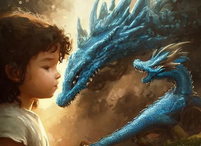 Prompt: a cute little girl with curly brown hair and blue eyes befriends a baby dragon, beautiful fantasy art by greg rutkowski.