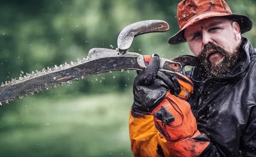 Image similar to walrus holding a chainsaw, extremely detailed, high quality, 8 k, nature photography,