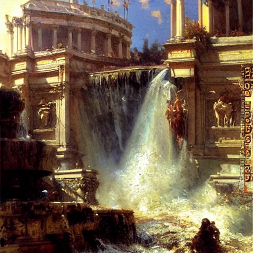 Image similar to waterfall flooding an entire city of rome. highly detailed painting by gaston bussiere, craig mullins, j. c. leyendecker