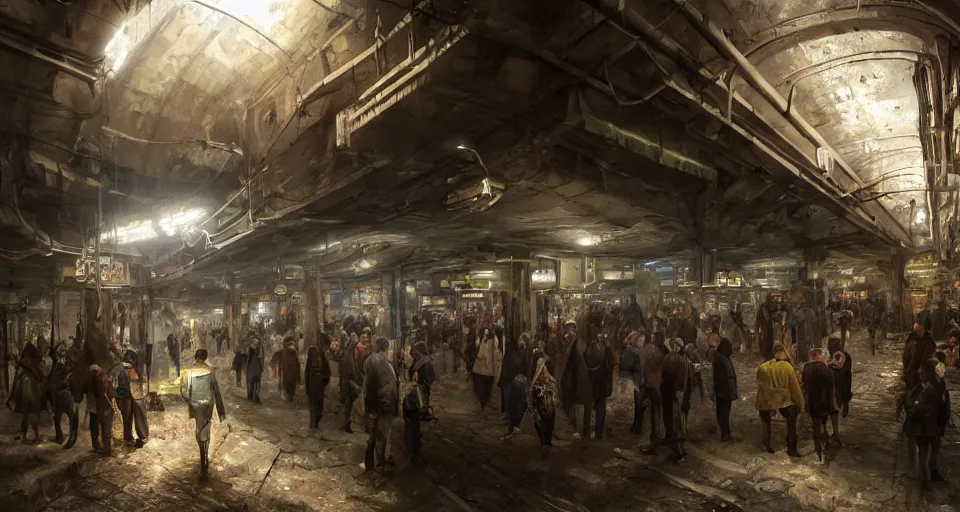 Image similar to cluster phobic market in an underground dystopian subway by eugene von guerard, ivan shishkin, dramatic lighting, concept art, trending on artstation