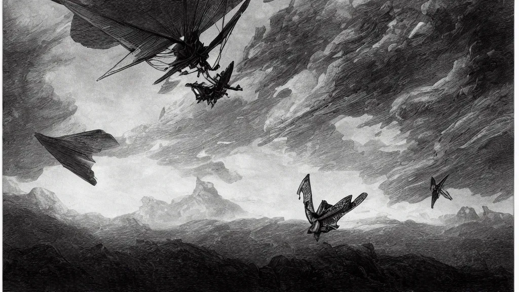 Image similar to drawing of an ornithopter flying toward a desert storm, by gustave dore, nineteenth century, black and white, vintage, science fiction, epic composition, dramatic lighting, highly detailed, cinematic