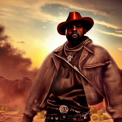 Image similar to kanye west in the red dead redemption loading screen, masterpiece, 8 k, 4 k, art by daren bader