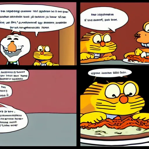 Image similar to Garfield refusing to eat lasagna