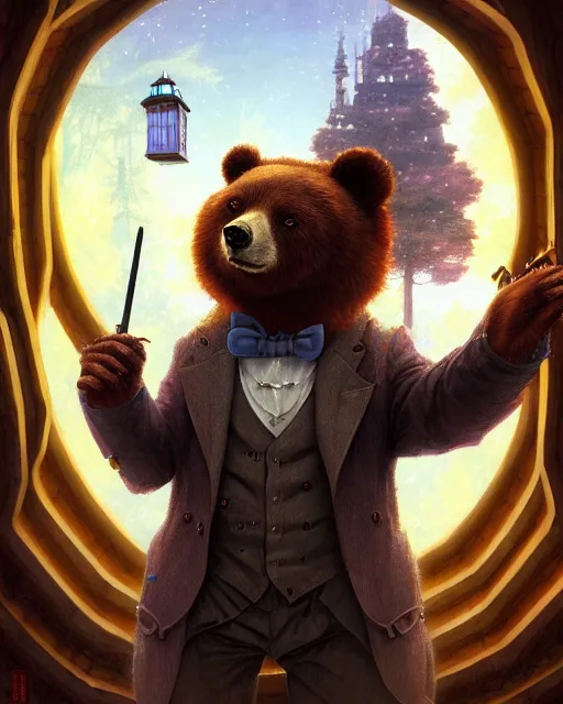 Image similar to anthropomorphic art of a detective bear inside tardis, victorian inspired clothing by artgerm, victo ngai, ryohei hase, artstation. fractal papersand books. highly detailed digital painting, smooth, global illumination, fantasy art by greg rutkowsky, karl spitzweg