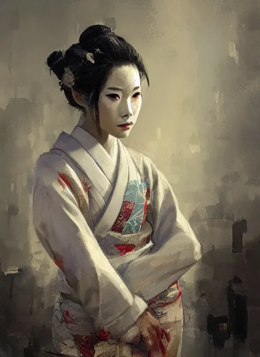 Image similar to female geisha girl, beautiful face, rule of thirds, intricate outfit, spotlight, by greg rutkowski, by jeremy mann, digital painting