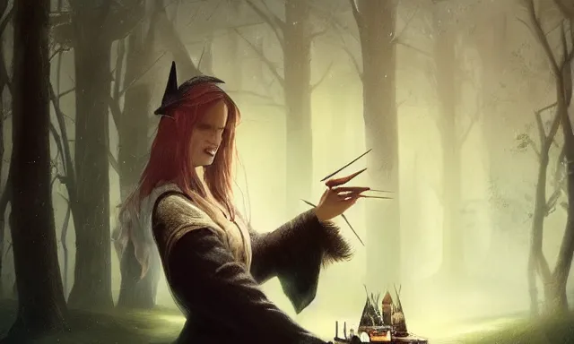 Image similar to witch doing a card trick, cardistry, cards, fantasy, digital art, soft lighting, nature, 8 k, fantasy concept art by greg rutkowski