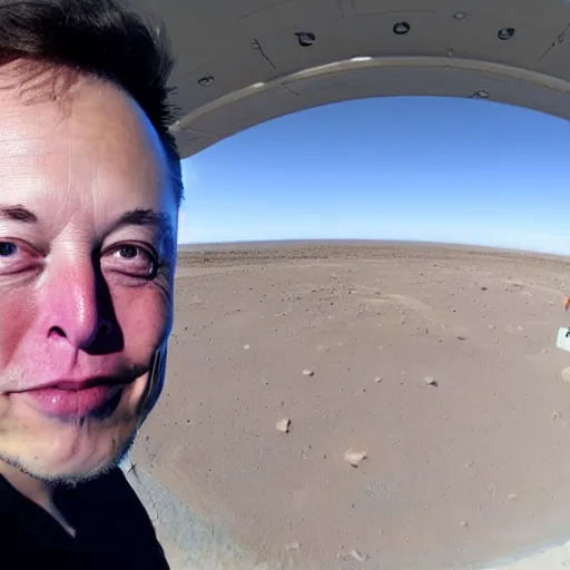 Image similar to Elon musk selfie with futuristic house on mars