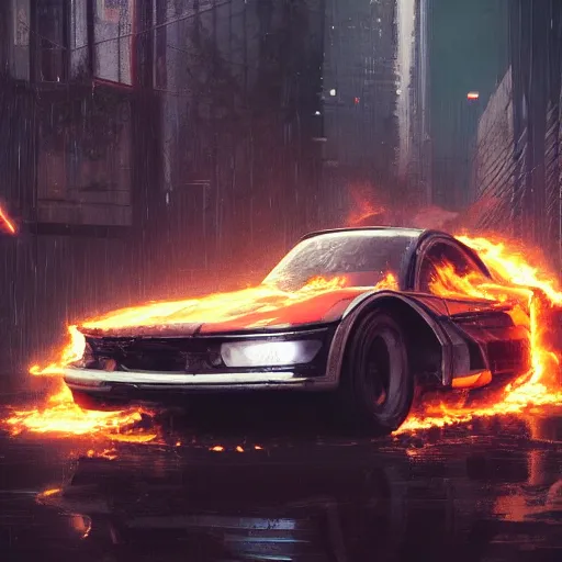 Image similar to cyberpunk car on fire in the middle of the woods stylized artgerm artstation hd cgsociety cgi realistic dramatic cinematic artistic trending detailed