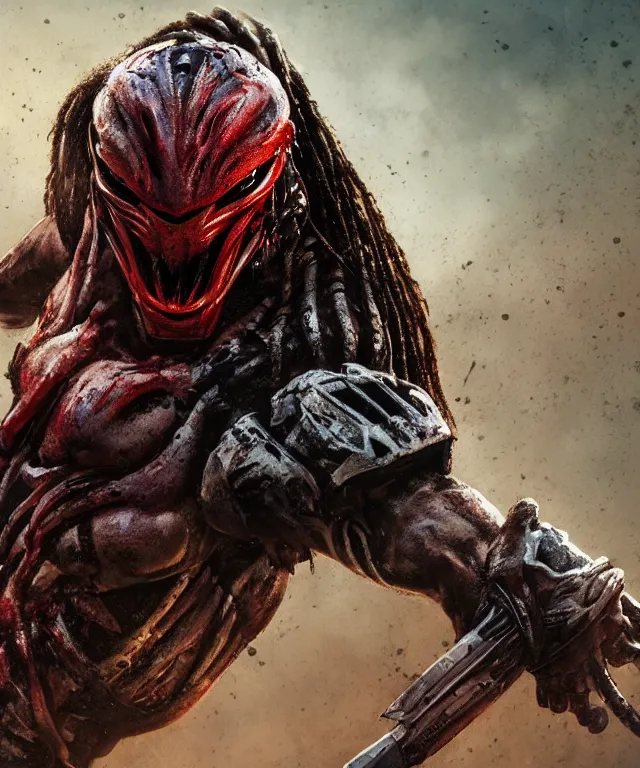 Image similar to an action shot of the predator by chris ayers, oil on canvas, deep depth field, masterpiece, by ken barthelmey and stan winston, trending on artstation, featured on pixiv, cinematic composition, hyper - detailed, hd, hdr, 4 k, 8 k