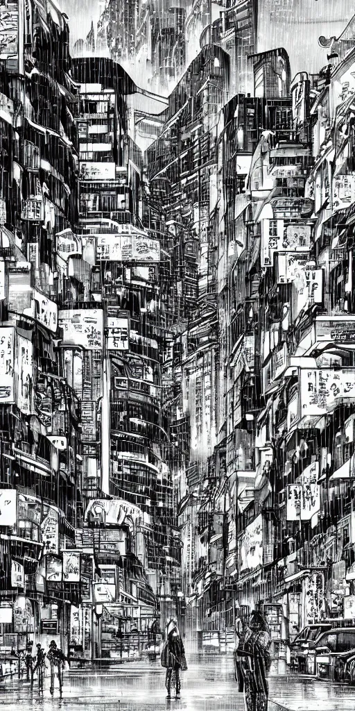 Image similar to manga illustration of poor cyberpunk city, rainy weather, highly detailed