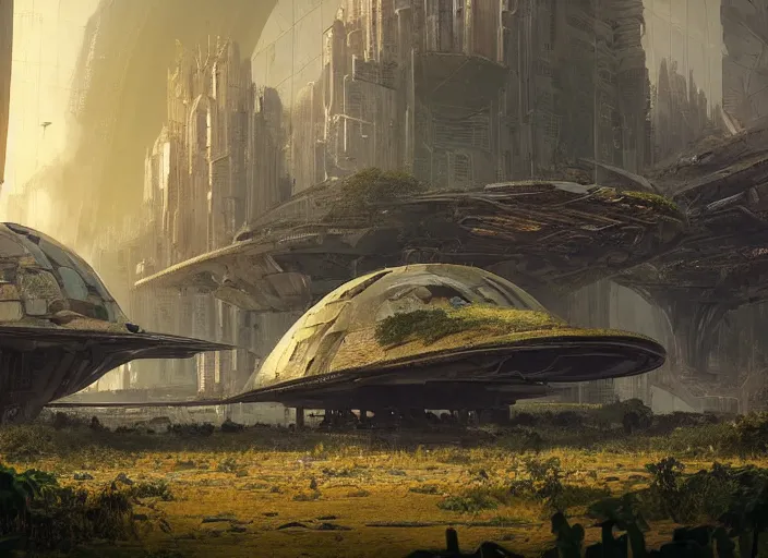 Prompt: highly detailed digital matte painting of a beautiful abandoned, overgrown, damaged crashed spaceship, by Raphael LaCoste and Ruan Jia and Robert McCall, postcyberpunk, geodesic dome, hyperdetailed, sunrise, wide shot, autochrome, octane render