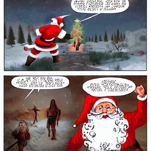 Image similar to Santa Claus vs. Jesus in an epic battle, super bloody, a battle royale to the death