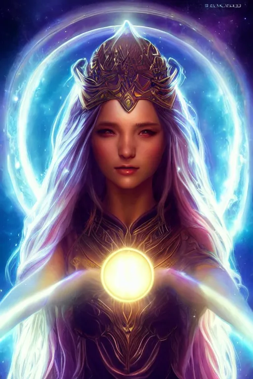 Image similar to beautiful cinematic fantasy poster, goddess of light and love, beautiful glowing galaxy eyes, hybrid from The Elden Ring and art direction by Darius Zawadzki ;by artgerm; wayne reynolds art station; cinematic quality character render; low angle; ultra high quality model; production quality cinema model;