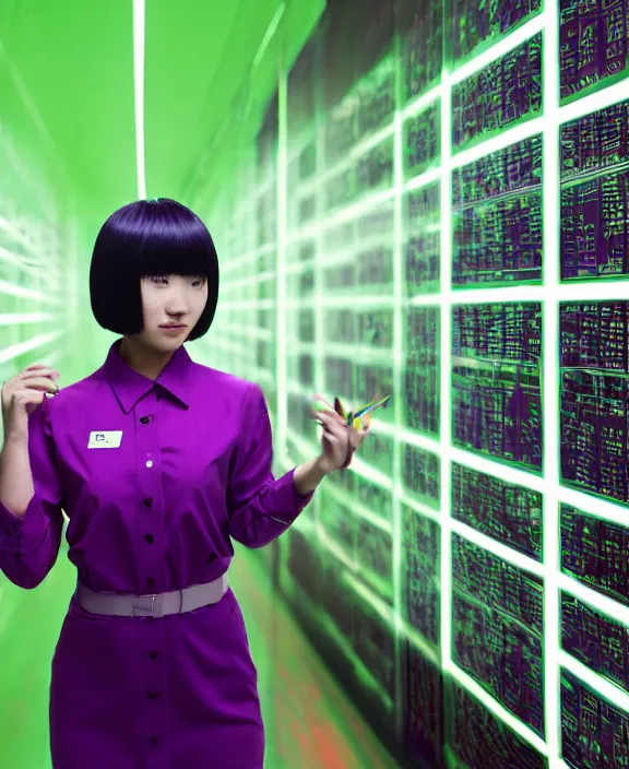 Image similar to asian girl, neon green bobbed and bowl cut hair, standing in a server room, wearing business casual dress, 4 k, vaporwave, cinecolor, perfect detail, realism