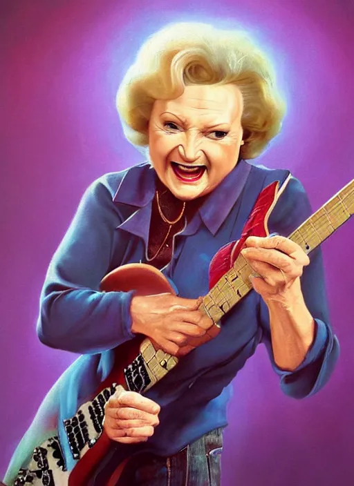 Image similar to Betty White shredding on an electric guitar, painting by Frank Frazetta, 3D rendering by Beeple, crusty