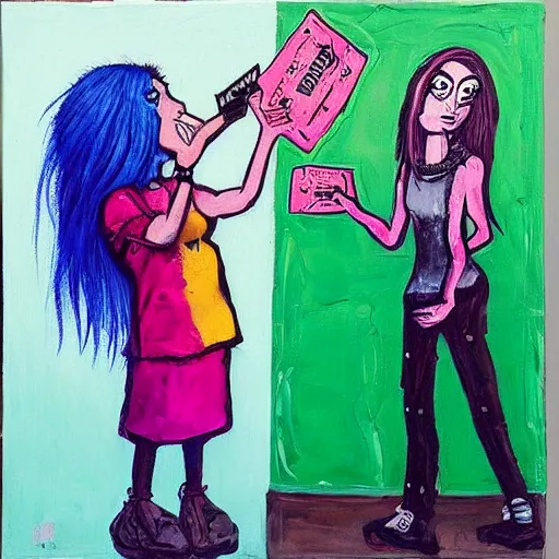 Image similar to “tall queer woman with long pink hair and a tall emo girl feeding Australian $50 notes to a weedy pig, capitalism, acrylic and spray paint and oilstick on canvas, neoexpressionism”