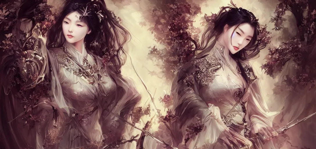 Prompt: a beautiful woman, wuxia, artgerm, elegant, chinese kingdom princess, concept art, gothic cathedral ， highly detailed, artstation, behance, deviantart, by wlop, ayami kojima, trending ，