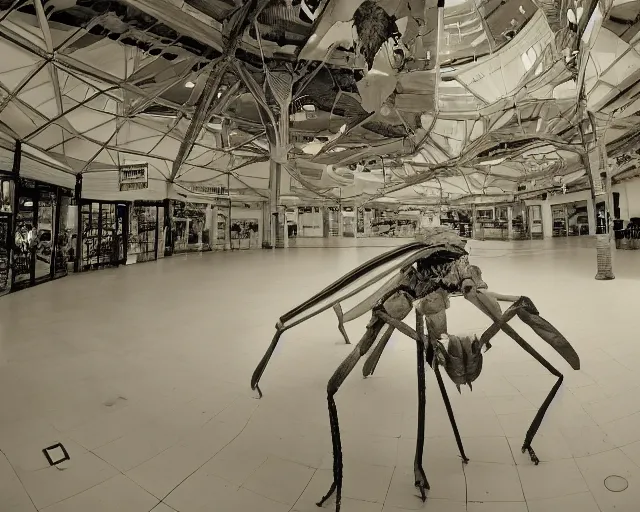 Image similar to camera footage of a giant Mantis in an abandoned shopping mall, high exposure, dark, monochrome, camera, grainy, CCTV, security camera footage, timestamp, zoomed in, fish-eye lense, Preying Mantis,