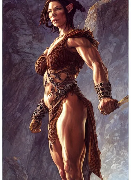 Prompt: very muscled Amazon elf Evangeline Lilly as a ruggedly mean looking heroine, intricate, elegant, highly detailed, centered, digital painting, artstation, concept art, smooth, sharp focus, illustration, art by artgerm and donato giancola and Joseph Christian Leyendecker, WLOP