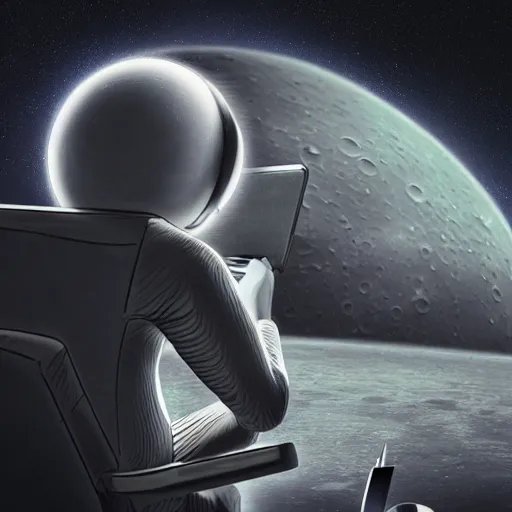 Image similar to 3 d, ultra realism, pencil art, extra detail, back of a man sitting on his chair with a desk and his futuristic laptop, on the moon, with the universe in the background