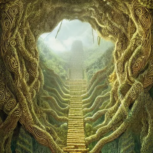 Image similar to intricate stunning highly detailed illustration of the inca lost city of gold, 🌱, by agostino arrivabene and vladimir kush, blood rivers running through stairs, surreal, digital painting, ultra realistic, dramatic lighting, twisted vines, lush plants, gold, inca, pristine water, artstation