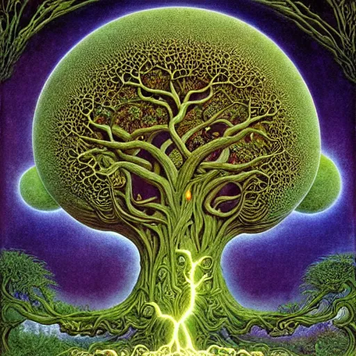 Prompt: sacred ancient ancestral mulberry tree by roger dean and andrew ferez, art forms of nature by ernst haeckel, divine chaos engine, symbolist, visionary, art nouveau, botanical fractal structures, tree of life, lightning, detailed, realistic, surreality