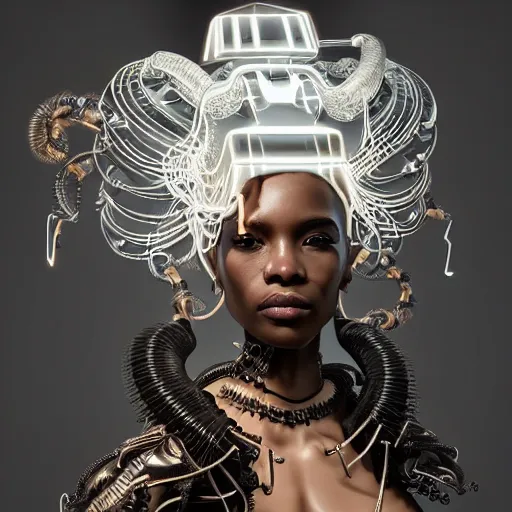 Prompt: portrait of an absurdly beautiful, graceful, sophisticated, fashionable black cyberpunk mechanoid gravure idol, hyperdetailed illustration by irakli nadar, maria borges, matt wisniewski style, intricate linework, dark skin, neon jellyfish headdress, intricate ivory carved ruff, unreal engine 5 highly rendered, global illumination, radiant light, detailed and intricate environment