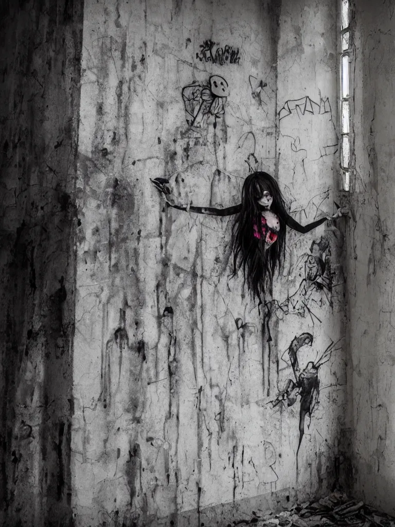 Prompt: graffiti in an abandoned church, cute fumo plush gothic black enigmatic maiden girl painted in spilt ink and washed watercolor, avant garde pop art, filmic, dust particles and sunbeam, captured on canon eos r 6