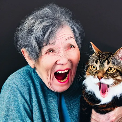 Prompt: an old woman opening her mouth extremely wide and a cat jumping into it