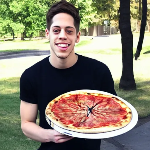 Prompt: pete davidson happily carrying a fresh pizza without a box, just the pizza, outside in a park