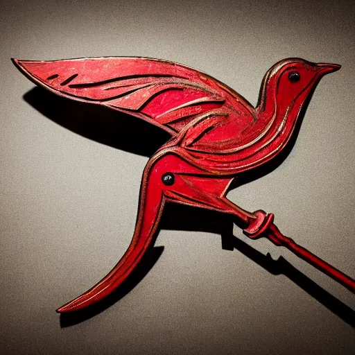 Image similar to a small cast iron bird with weapons and armor, ruby eyes, cast iron, folk art display, museum display, photography, studio lighting, 8k
