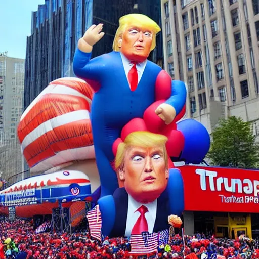 Prompt: an inflatable donald trump balloon at the macy's day thanksgiving parade, hyperreal - w 1 0 2 4