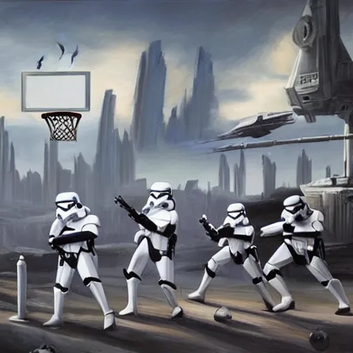 Prompt: a Star Wars concept artist painting of a group of stormtroopers playing basketball on top of the avengers tower