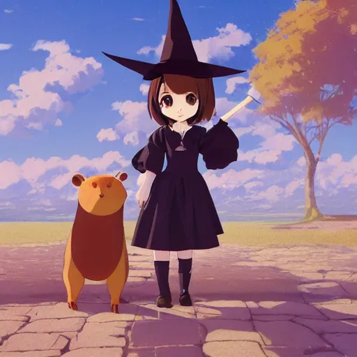 Image similar to full body portrait character concept art, anime key visual of a little witch with her capybara mascot, fine - face, audrey plaza, realistic shaded perfect face, fine details. anime. very strong realistic shaded lighting poster by ilya kuvshinov katsuhiro otomo ghost, magali villeneuve, artgerm, jeremy lipkin and michael garmash and rob rey