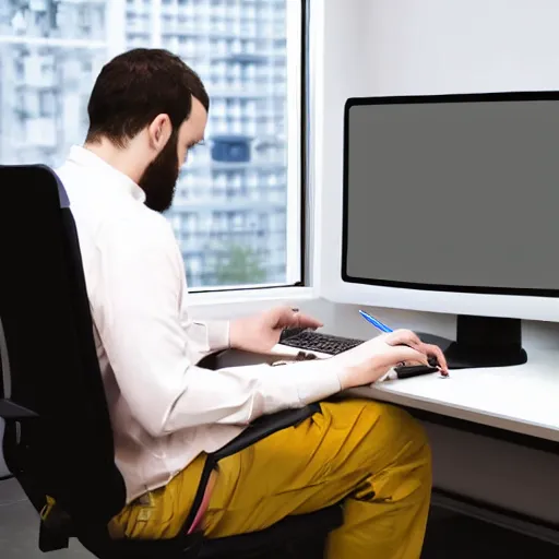 Image similar to color painting, highly realistic, heavyset man typing at his computer, using his mouse, looking at the screen, sitting in an office chair in his dimly lit bedroom