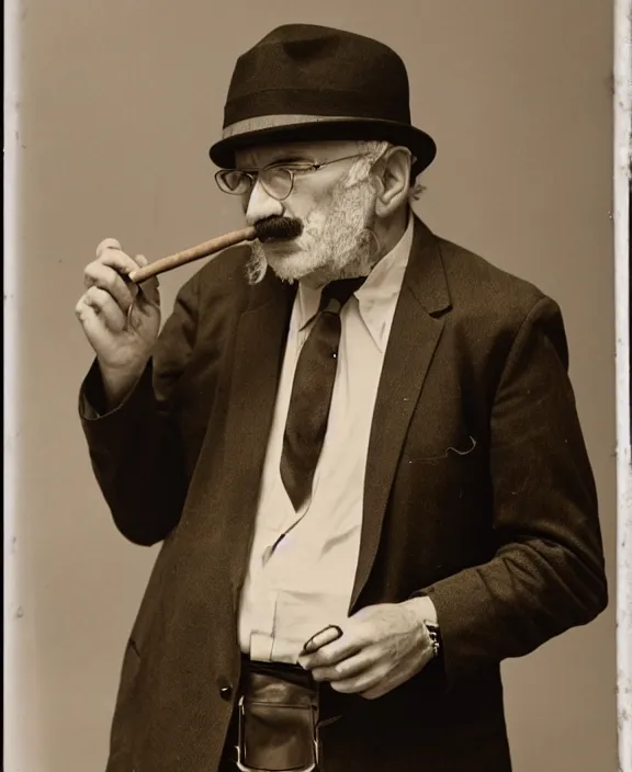 Prompt: a vintage photo medium shot of a middle - aged man with a moustache wearing a fedora hat and sunglasses. he is holding one single cigar in his right hand. very coherent.