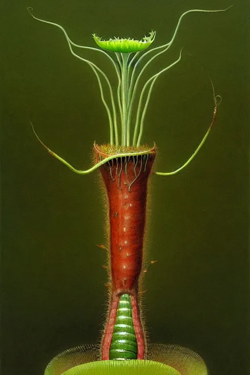 Image similar to a hyperrealistic painting of a guy caught in a venus flytrap carnivorous plant tundra, by john kenn mortensen and zdzislaw beksinski, highly detailed, vivid color,