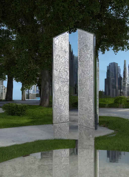 Image similar to highly detailed realistic architecture 3 d render of a futuristic mirror stele monument in frank lloyd wright style standing in city park, archdaily, made in unreal engine 4 octane render