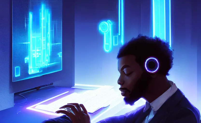 Image similar to handsome black genius hacking the metaverse, holographic keyboard, curved digital displays, urban interior, electric blue glowing lights, highly detailed, digital painting, artstation, concept art, smooth, sharp focus, illustration, art by wlop, mars ravelo and greg rutkowski