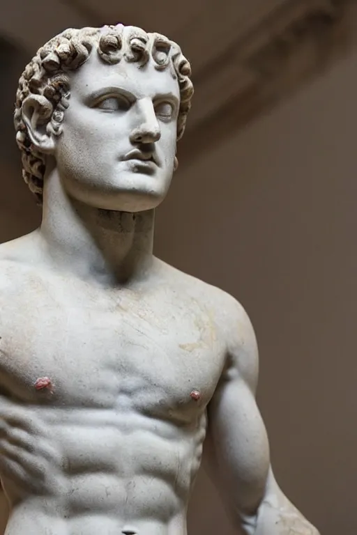 Image similar to an ancient greek marble statue of emmanuel macron, the british museum