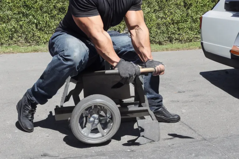 Image similar to Vin Diesel driving a wheelbarrow