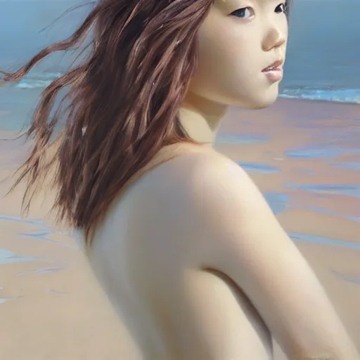 Image similar to oil painting by ilya kuvshinov,, baugh casey, artgerm craig mullins, coby whitmore, of a youthful japanese girl, long hair, fully clothed at the beach, highly detailed, breathtaking face, studio photography, noon, intense bounced light, water reflection, large tree casting shadow, serine intense sunlight in the style of zack snyder