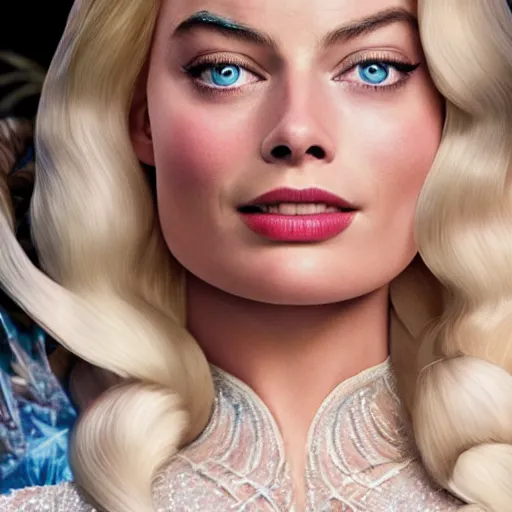 Image similar to Margot Robbie as Elsa in disney frozen live action, 8k full HD photo, cinematic lighting, anatomically correct, oscar award winning, action filled, correct eye placement,