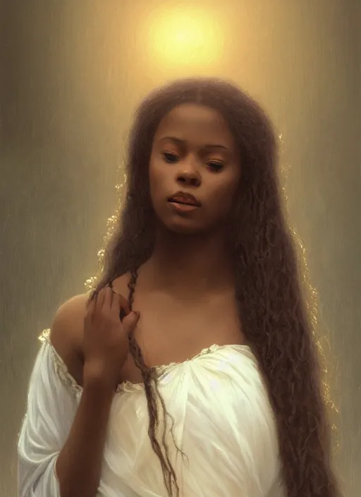 Prompt: oil painting close up portrait of a contemplative young black woman with long dark flowing hair in a dress made of white roses!! at sunset, hazy, digital art, chiaroscuro, artstation, cinematic, golden hour, digital art painting by greg rutkowski, william - adolphe bouguereau, hazy atmosphere, cinematic lighting
