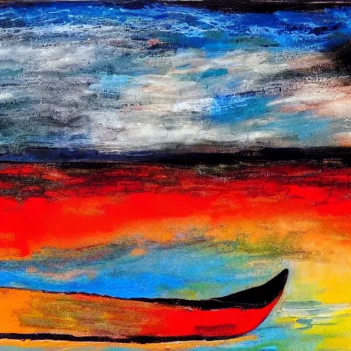 Prompt: a painting of a sailboat floating on a body of water, an abstract painting by ted degrazia, reddit contest winner, lyrical abstraction, mixed media, acrylic art, oil on canvas