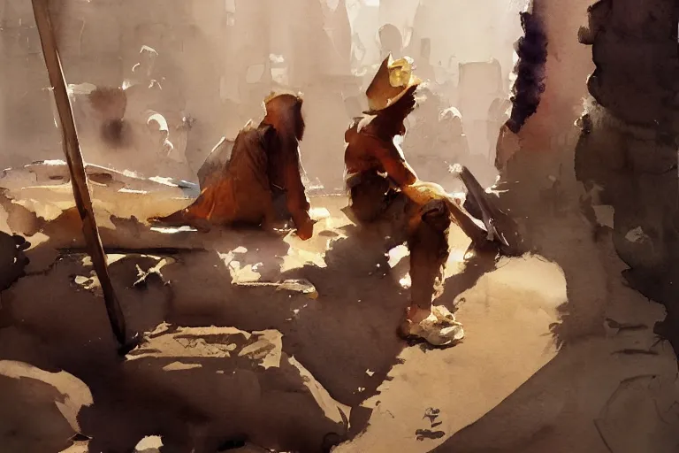 Image similar to small centered on watercolor paper, paint brush strokes, abstract watercolor painting of ancient egyptian worker break, cinematic light, national romanticism by hans dahl, by jesper ejsing, by anders zorn, by greg rutkowski, by greg manchess, by tyler edlin