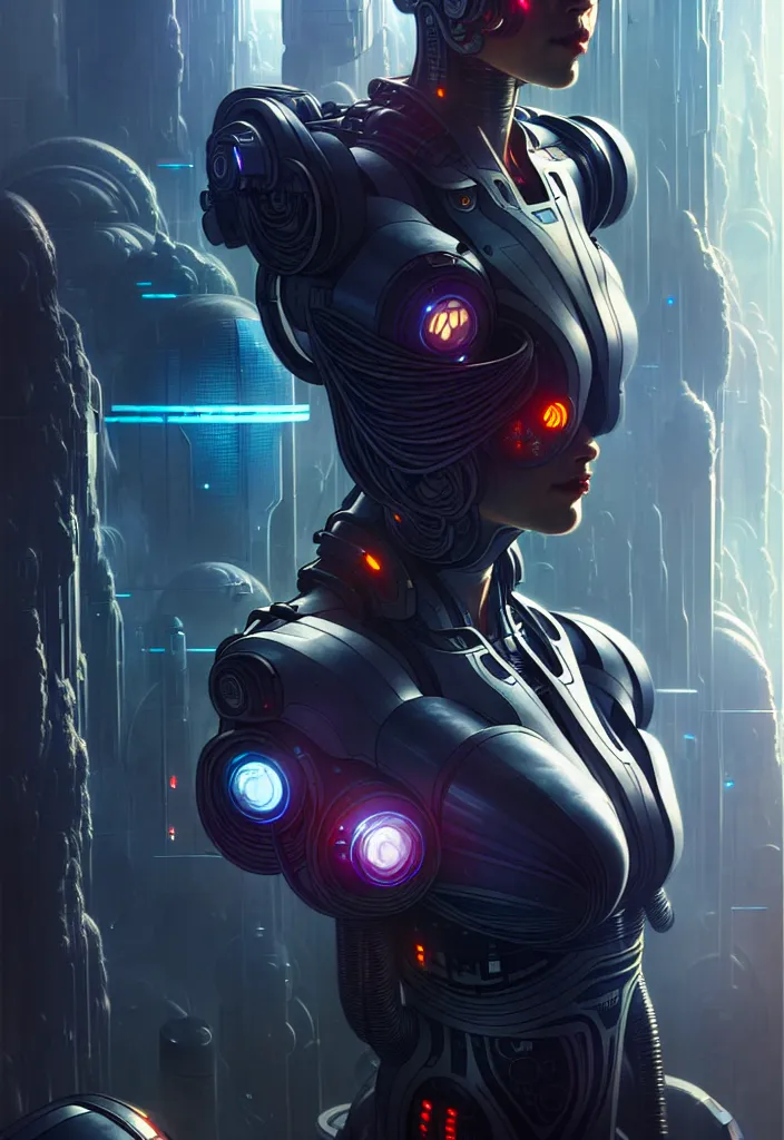 Image similar to ultra realistic, cyborg in a space metropolis, sci-fi, cyberpunk, concept art, intricate details, eerie, highly detailed, octane render, 8k, , art by artgerm and greg rutkowski and alphonse mucha