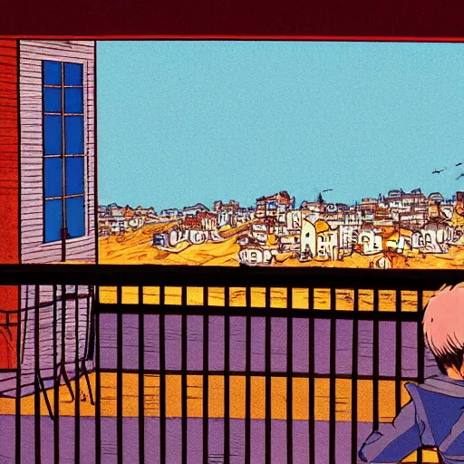 Prompt: Person leaning on a wooden fence looking out at a seaside town from a ship, anime, by Katsuhiro Otomo, highly detailed, city, nighttime