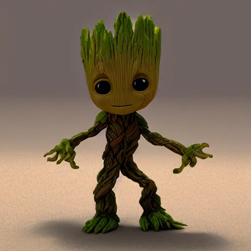 Image similar to baby groot by bill watterson. 3 d render.